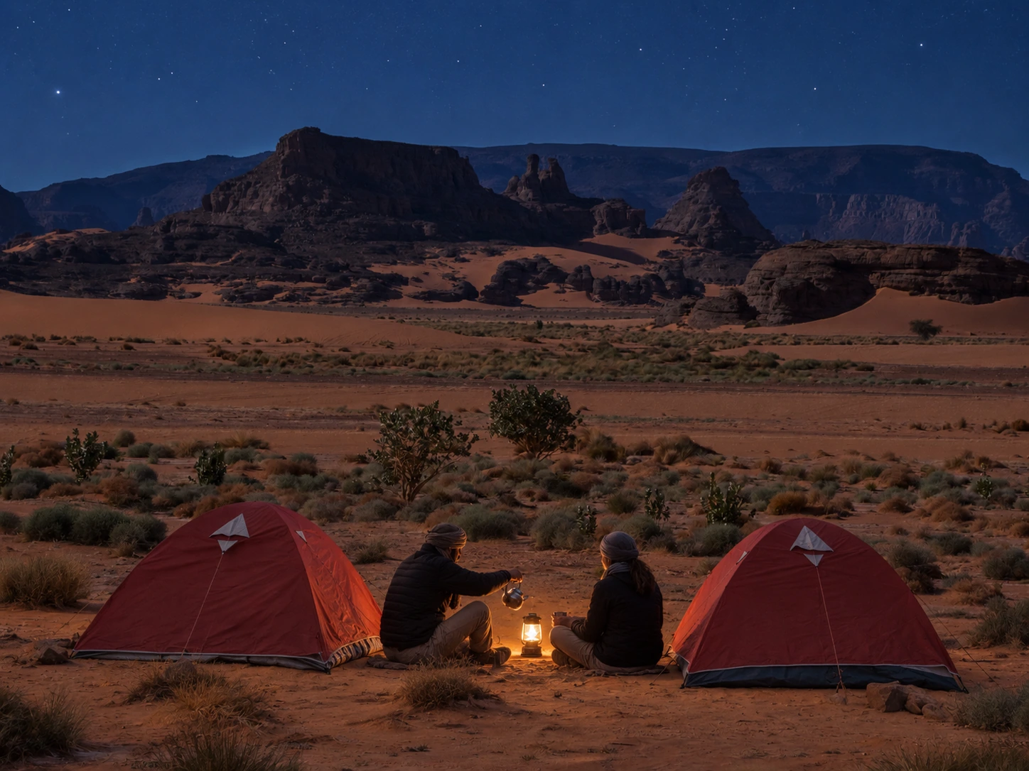 Deux petites tentes et deux personnes près d’une lanterne dans le paysage documenté de Tin Merzouga, Tadrart Rouge.