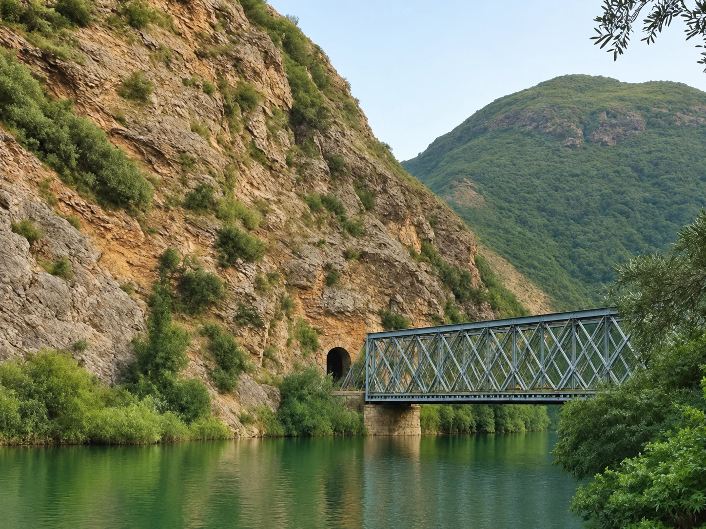 La rivière, du pont métallique et du tunnel dans les gorges de la Chiffa.