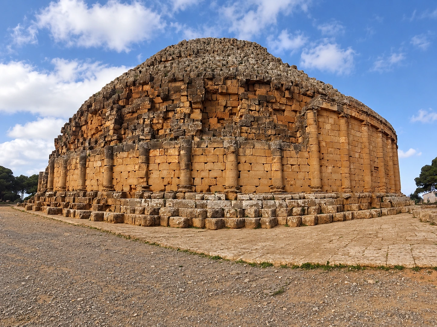 Le mausolée royal de Maurétanie, avec son soubassement circulaire et son sommet en gradins.