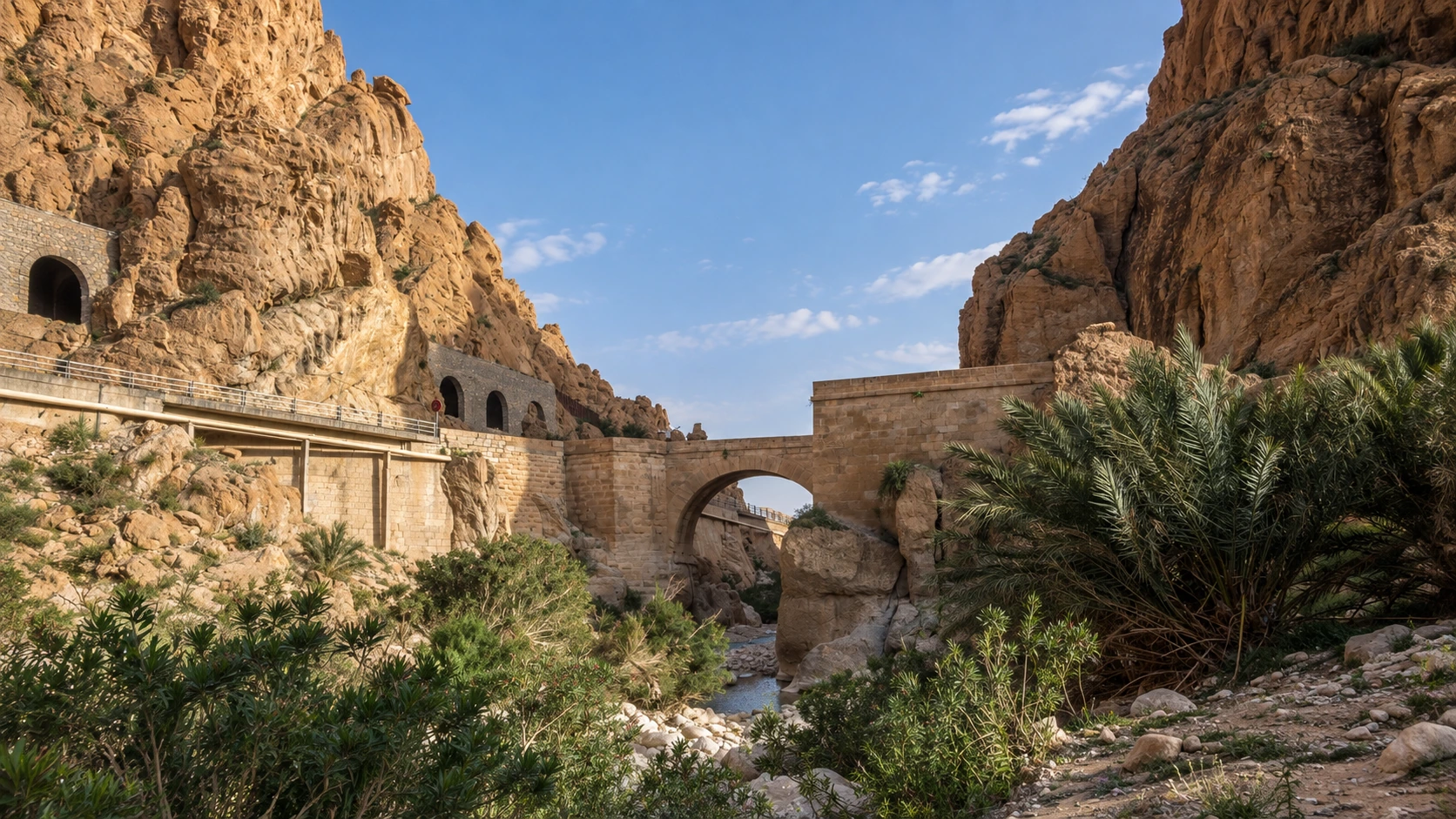 Pont de pierre, tunnels et palmiers entre les falaises des gorges d’El Kantara.