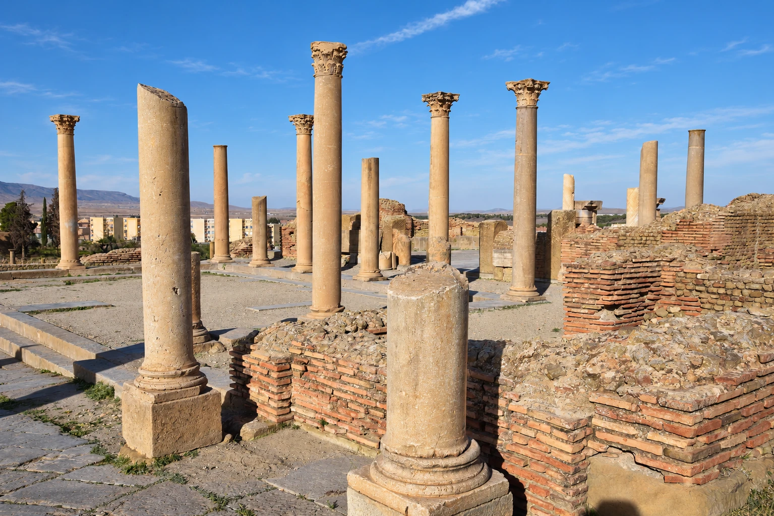 Les colonnes et murs de brique de la bibliothèque publique de Timgad.
