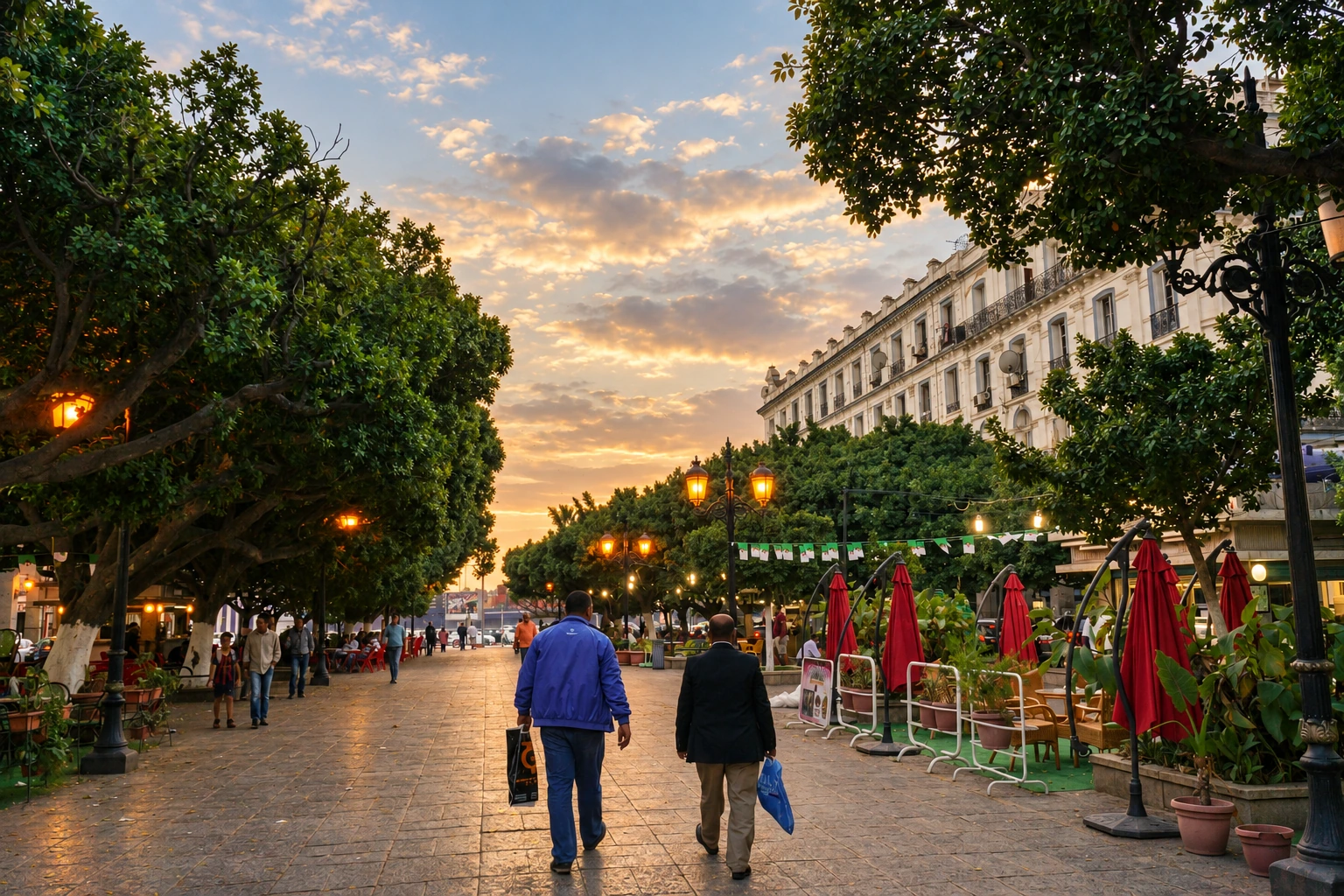 Les promeneurs, les arbres et les façades du Cours de la Révolution à Annaba.