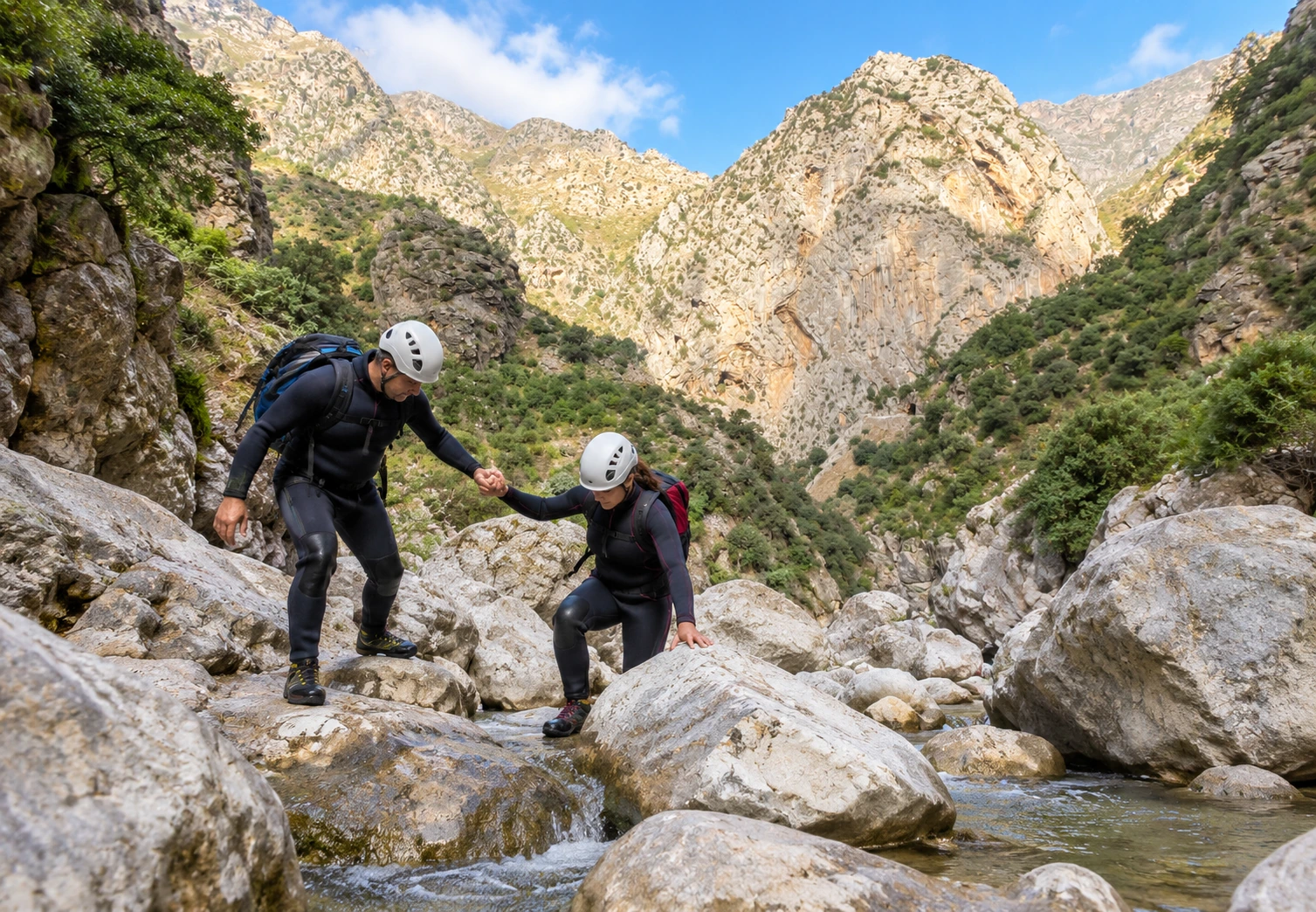 Deux personnes casquées en combinaison progressent entre les blocs près de l’oued de Kherrata.