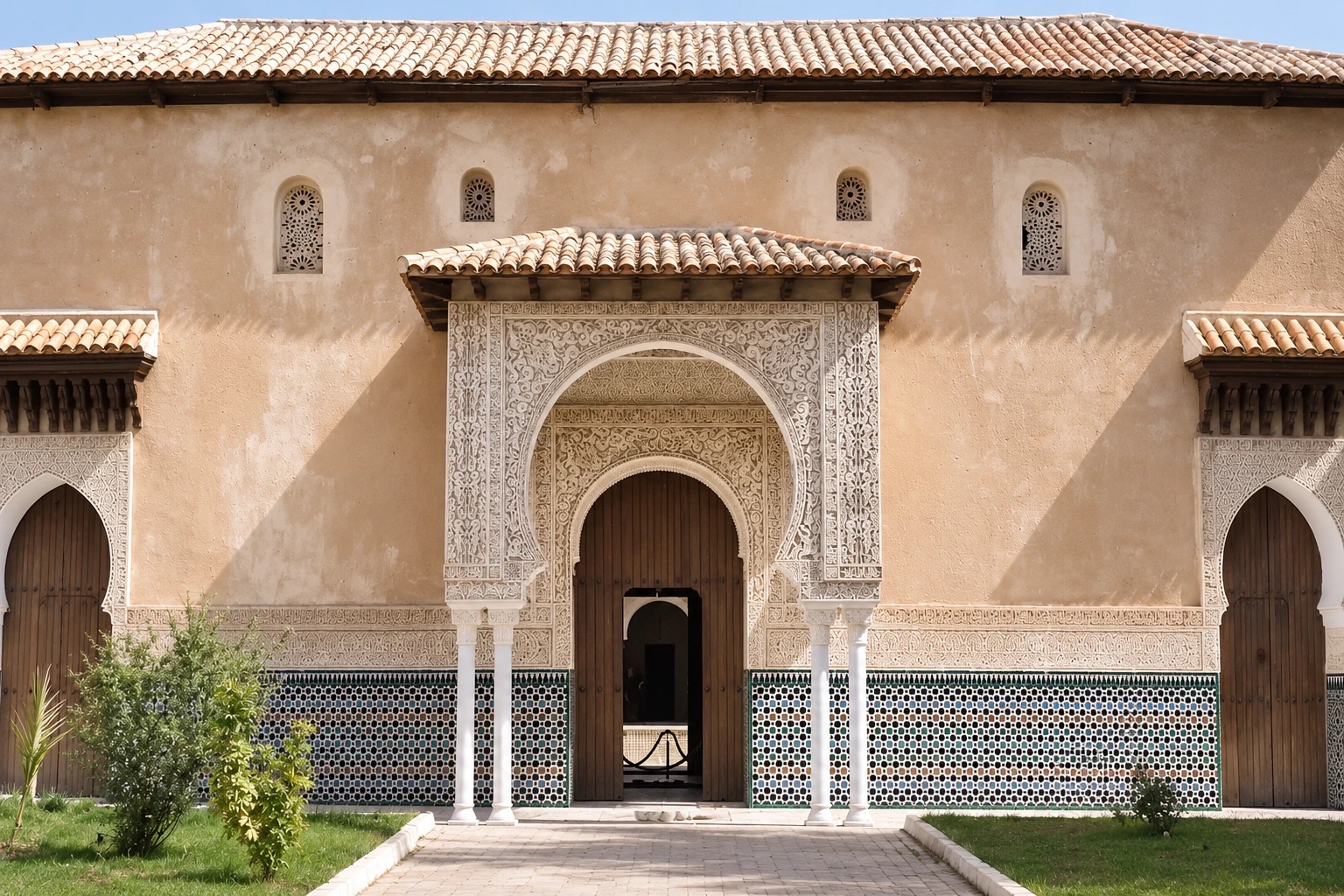 Le portail sculpté et les carreaux de la façade du palais du Mechouar à Tlemcen.