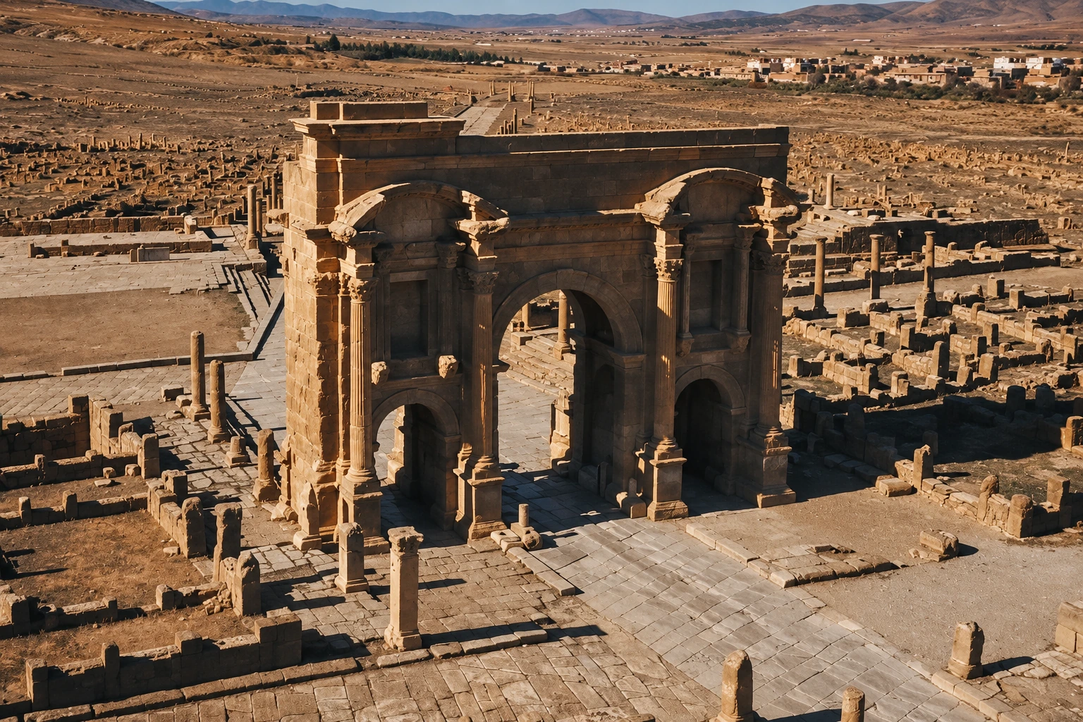 L’arc de Trajan à Timgad, ses trois ouvertures et ses colonnes, vus depuis les vestiges voisins.