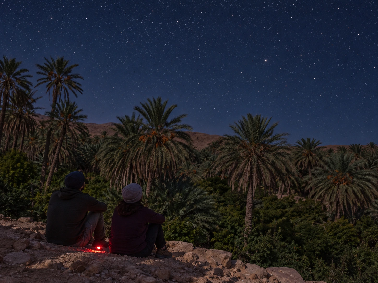 Deux personnes assises sur le rebord rocheux observent un ciel étoilé au-dessus de la palmeraie documentée de Boussemghoun.