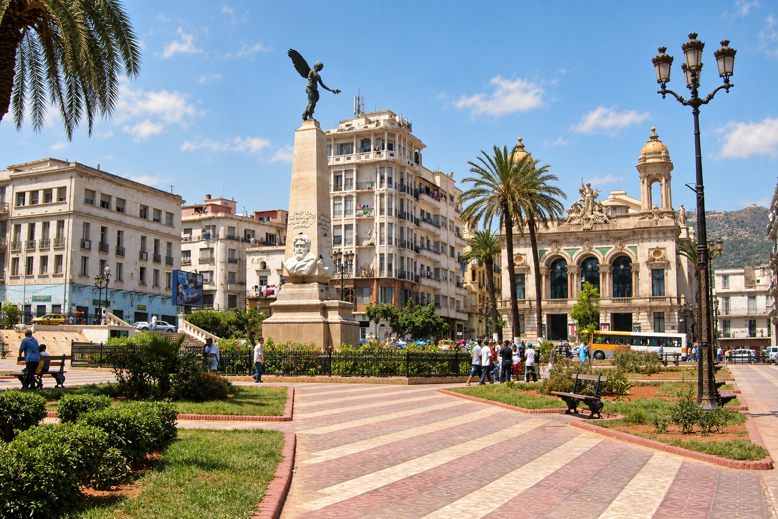 La place du 1er Novembre à Oran, le monument, les palmiers et l’hôtel de ville.
