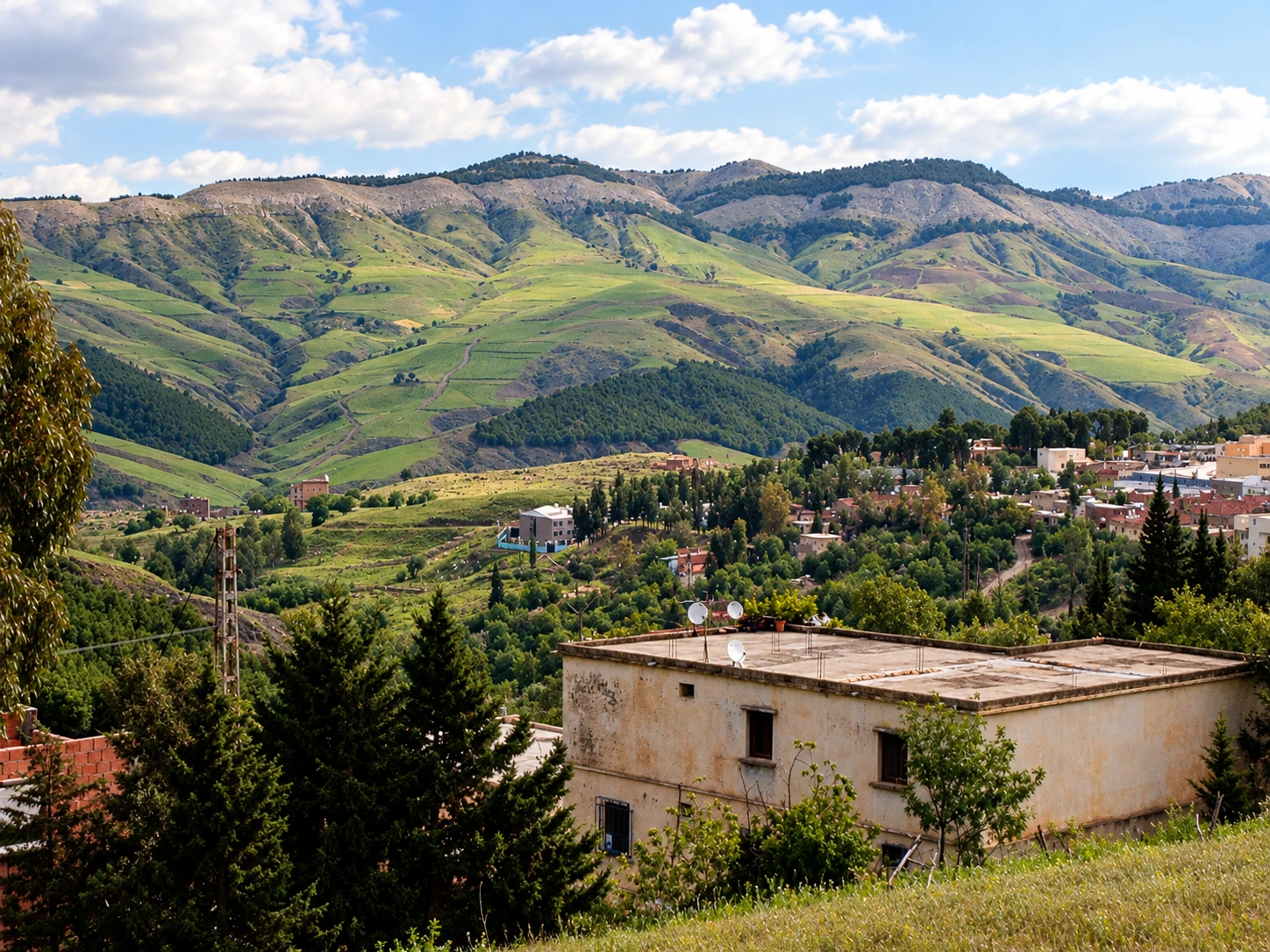 Maisons du village de Djemila devant les collines verdoyantes.